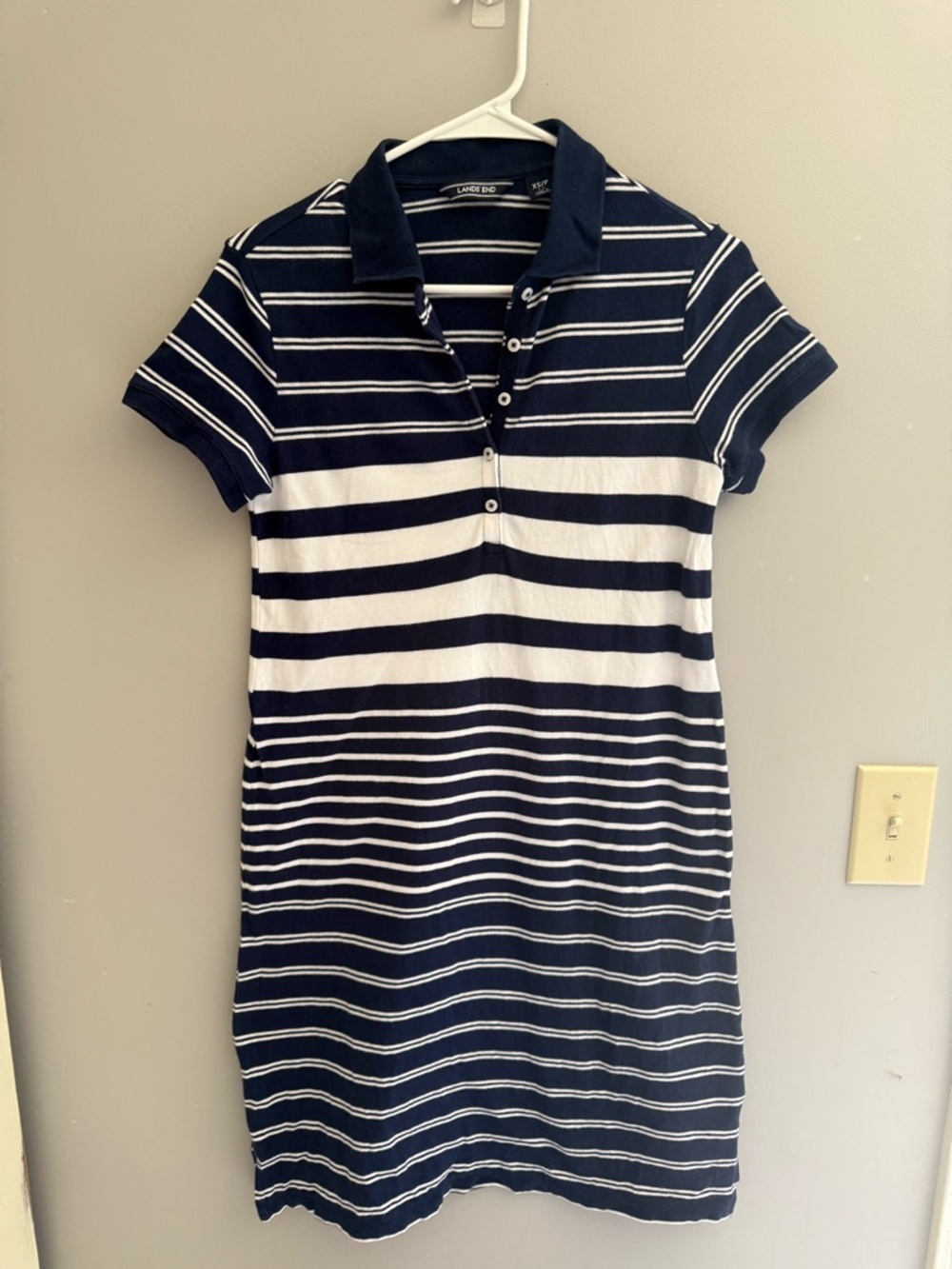 Lands End Women’s Navy White Striped Short Sleeve Midi Polo Dress SZ XSP Preppy